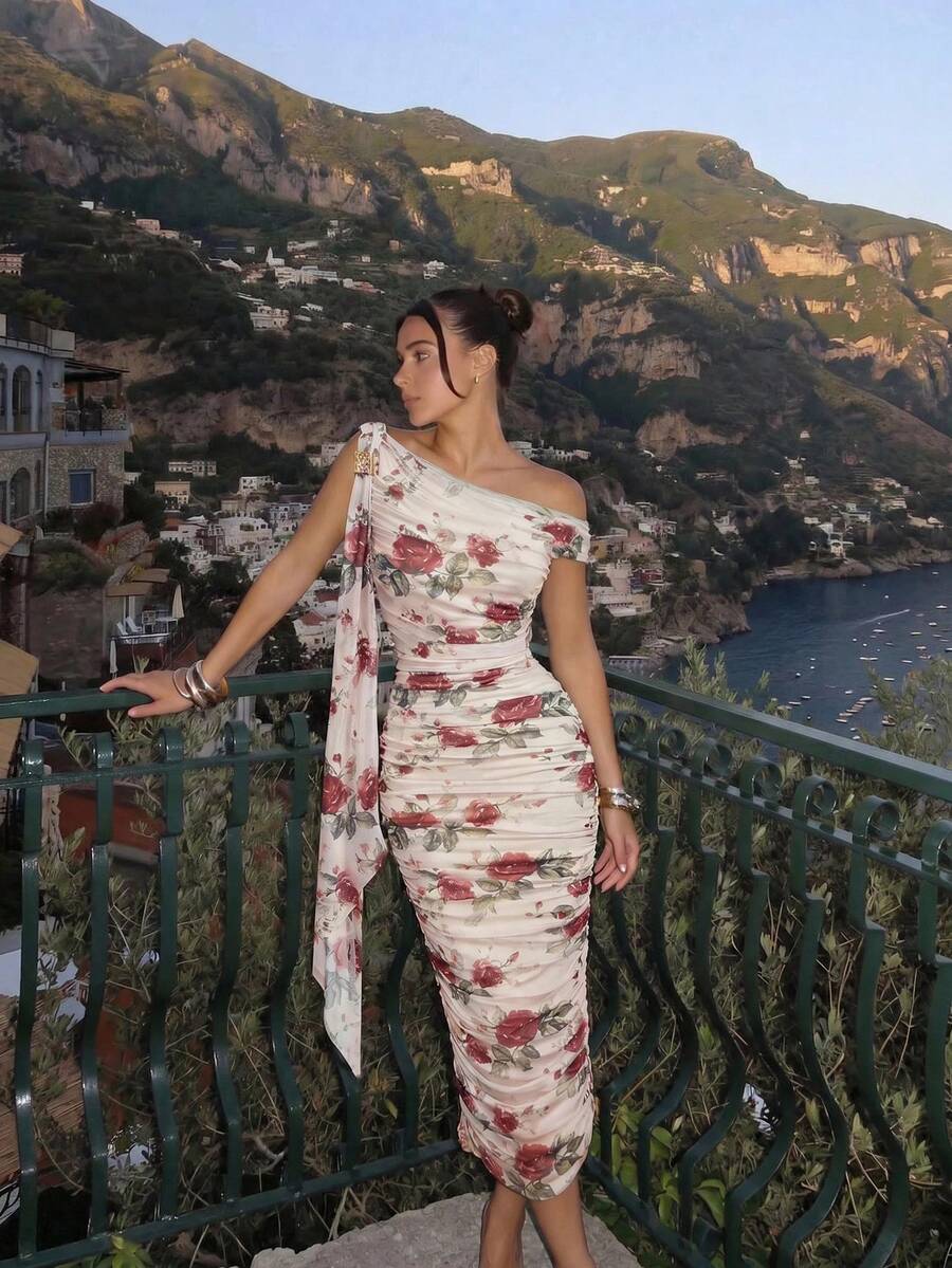 SHEIN MOD 女款花卉印花百褶優雅收腰約會派對洋裝 - 彩色 - View 1
