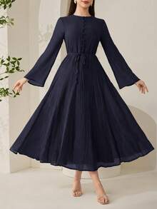 Veilorie New Fabric Ruched Texture Spaghetti Strap Slimming A-Line Flowy Beach Vacation Casual Party Dress - Navy Blue - View 4