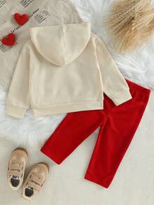 SHEIN Playful Pals 女嬰時尚可愛豹紋蝴蝶結與櫻桃印花連帽衛衣 + 配色拼接長褲套裝 - 彩色 - 查看 4