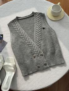 Elamini 扭繩刺繡復古雙排扣V領針織背心 - 灰色 - 查看 3