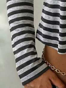 Rovax Women's Striped Print Asymmetrical Shoulder Long Sleeve Casual T-Shirt - Multicolor - View 3