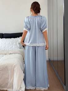 DAZY Women's Contrast Lace Front Tie Top And Pants Pajama Set - Blue - View 2