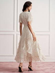 BELROSIE Elegant Women's Summer Wedding Garden Party Tea Party Dress, White And Black Polka Dot Contrast Color, Asymmetrical Hand-Painted Chiffon Cinched Waist - Apricot - View 8