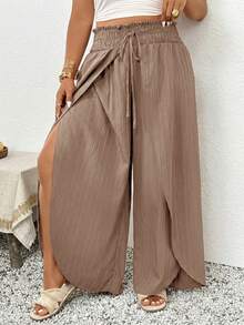 Lounesse Plus Size Solid Color Wrap Slit Pants For Vacation Casual Wear - Khaki - View 1