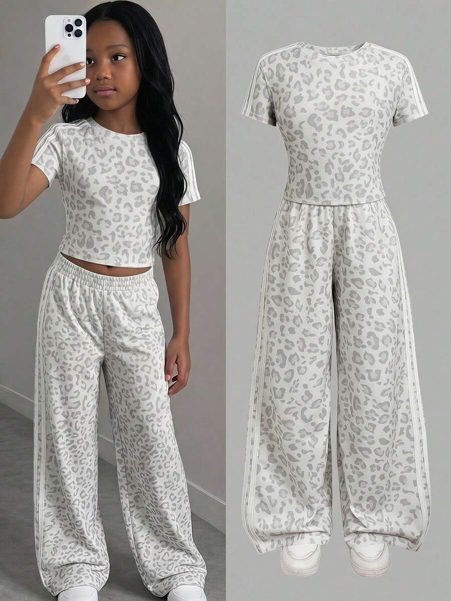 SHEIN Tween Girl Leopard Print T-Shirt And Pants Set - Light Grey - View 1