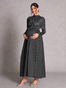 SHEIN 秋冬孕婦長袖春季洋裝 優雅1920復古修身黑白波點 夏季度假穿搭 秋季拍照造型 - 黑色 - 查看 4
