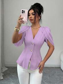 SHEIN Elenzya 女士优雅浪漫修身西装外套，V领设计，褶裥收腰 - 淡紫色 - 查看 3