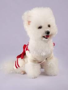 PETSIN 1pc Red And White Striped Knitted Pet Yarn Skirt, Fold Over Collar, Three-Dimensional Knitted Bow, Ruffle Edge Warm Dog Sweater, Suitable For Small Cats And Dogs In Autumn And Winter, Suitable For Daily Walking, Home, Christmas Dressing - burgundy strips - View 7