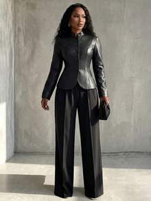 Eryvara Women's New Autumn/Winter High Neck Slim Fit Leather Jacket, Commuter Style - Black - View 4