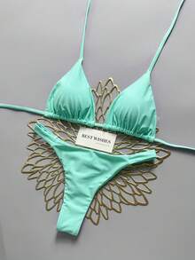 Swim Vcay Traje de baño de dos piezas con escote halter y copa triangular para vacaciones de playa en primavera/verano - Agua verde azul - Ver 3