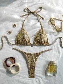 Bonvoyette Swim SXY 2件組 春夏海灘度假 金箔豹紋動物印花 紋理面料 金色愛心豹紋掛脖三角比基尼上衣與丁字褲 性感比基尼泳衣套裝 女款 - 彩色 - 查看 3