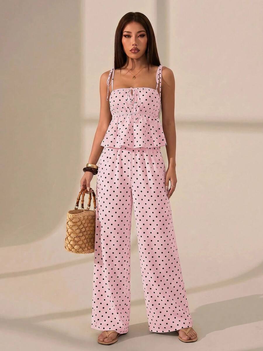 SHEIN PETITE 女款休閒黑色波點印花無袖上衣與長褲兩件套,夏季可愛波點兩件套,情人節波點兩件套,女款夏季波點套裝兩件套 - 淺粉色 - 查看 1