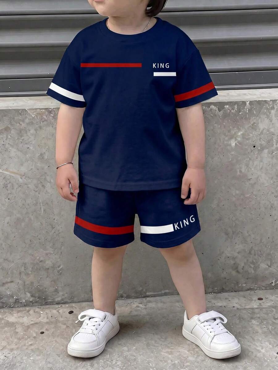 Young Boy Casual Minimalist T-Shirt Set, Classic Striped Pattern Print, Classic Text "King" Pattern Print, Suitable For Spring And Summer - Multicolor - View 1