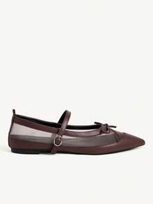 CUCCOO CHICEST Women's Shoes Breathable Mesh Bow One-Buckle Pointed Heel Simple Mesh Splicing Brown Mary Jane Flats Commuter Dating Party Fall Shoes - dark brown - View 3