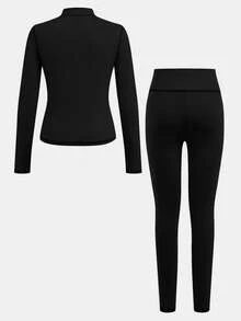 SHEIN Serisse Kids Tween Girl Casual Modest All Black Line Yoga Sports Slim Fit Zip-Up Stand Collar Knit Solid Color Top High Waist Leggings Set Summer - Black - View 3