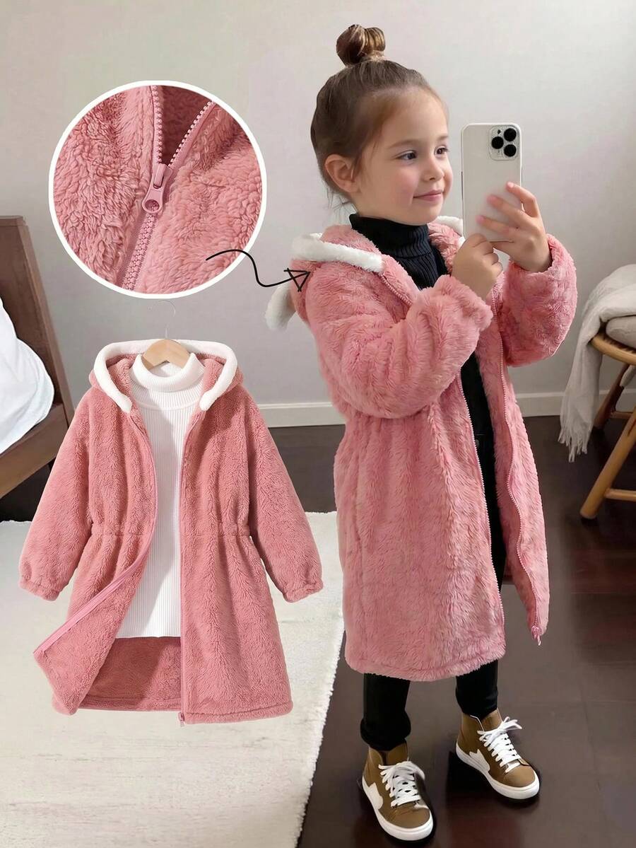 SHEIN Young Girl Long Sleeve Zipper Front 3D Ear Decor Cute Hooded Jacket - Pink - View 1