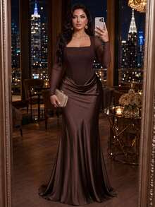 SHEIN Lady CURVE 大尺碼女款棕色長袖方領網紗優雅洋裝 - 棕色 - 查看 1