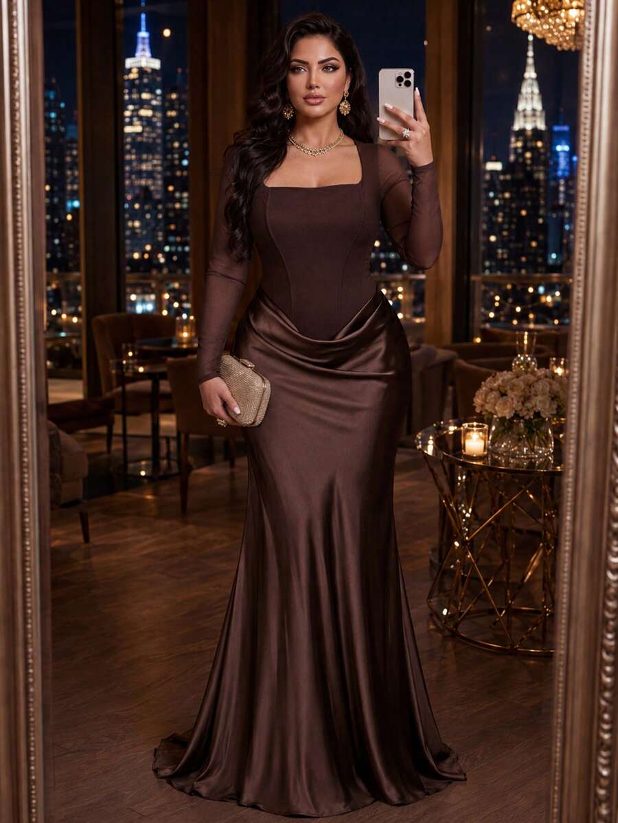 SHEIN Lady CURVE 大尺碼女款棕色長袖方領網紗優雅洋裝 - 棕色 - 查看 1