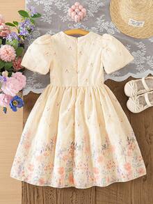 SHEIN Elladie kids 女童圓領短袖百褶滿版印花優雅花童夏季婚禮禮服 - 白色 - 查看 2