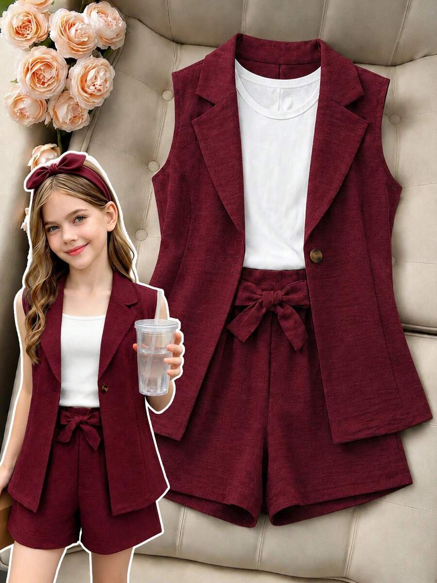 SHEIN Teen Girls 2pcs/Set Sleeveless Vest Jacket Bow Waist Belt Shorts Casual Fashion Mini Set For Daily Wear,Random 1pc Sent, Summer, Cute - Burgundy - View 1