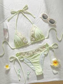Swim Vcay Spring/Summer Sun Beach 2 Pieces Swimwear Set, Solid Color With Sequin Embroidery, Woven Strap, Spaghetti Straps, Halter Neck, Side Tie Triangle Bikini Bottom, Women's Swimwear - Multicolor - View 5