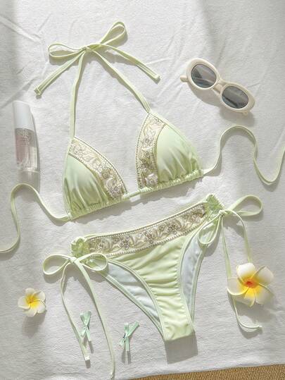 Sunnyshic Spring/Summer Sun Beach 2-Piece Swimsuit Set, Solid Color With Sequin Embroidery, Woven Strap, Thin Shoulder Straps, Halter Neck, Side Tie Triangle Bikini Bottom, Women's Swimwear