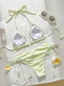Swim Vcay Spring/Summer Sun Beach 2 Pieces Swimwear Set, Solid Color With Sequin Embroidery, Woven Strap, Spaghetti Straps, Halter Neck, Side Tie Triangle Bikini Bottom, Women's Swimwear - Multicolor - View 6