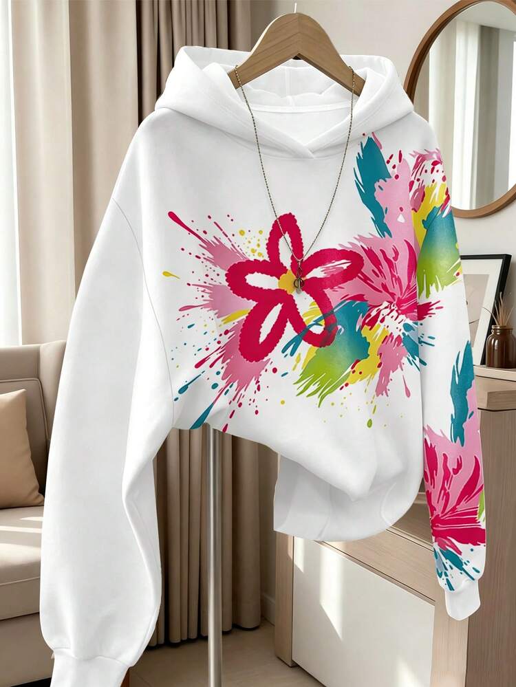 1 pieza Sudadera holgada con capucha y estampado floral de grafiti colorido, adecuada para niñas pequeñas en otoño/invierno, estilo casual diario sencillo - Multicolor - Añade 3