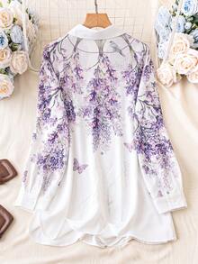 EMERY ROSE Plus Size Floral Print Casual Vacation Shirt Fall - Purple - View 2
