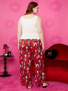 Betty Boop x SHEIN Plus Size Scoop Neck Cartoon Figure Graphic Tank Top And Wide Leg Pants Sleepwear Pajama Set, Comfy & Fashionable - Red and White - View 2