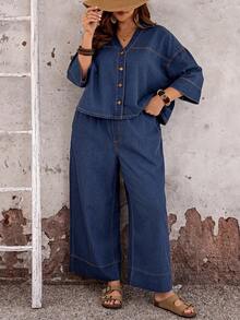 EMERY ROSE EMERY ROSE Plus Size Women Single-Breasted Top And Wide Leg Jeans Two Pieces Set - Dark Wash - View 6