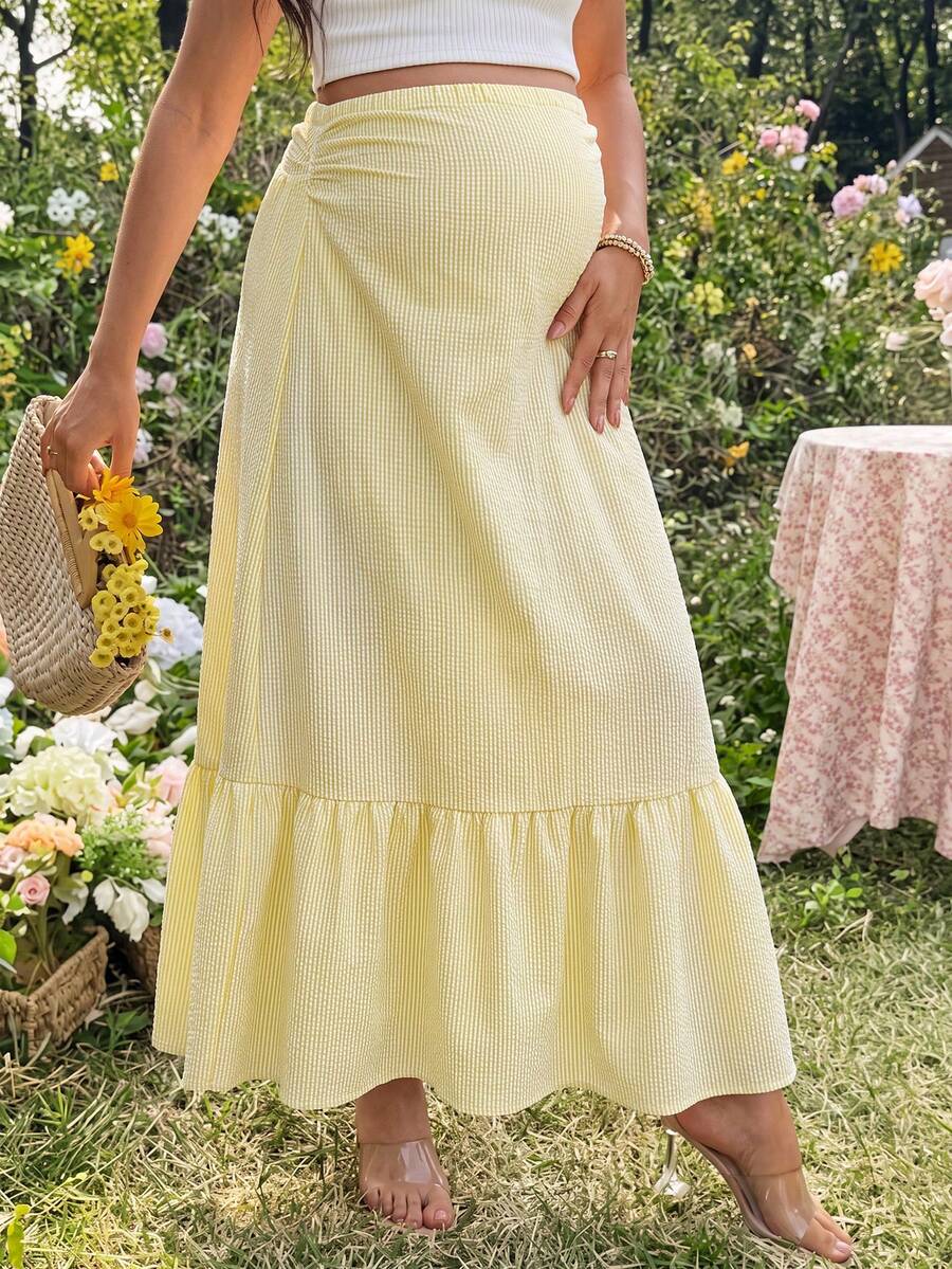 SHEIN 孕婦夏季休閒條紋長裙 - 黃色 - 查看 1