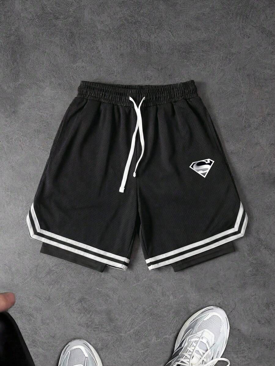 SUPERMAN X SHEIN 男士對比色條紋運動短褲 - 黑色 - 查看 1