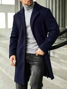 Manfinity Homme Abrigo largo de talla grande para hombre de unicolor con cuello moteado y abotonadura sencilla - Azul Marino - Ver 4