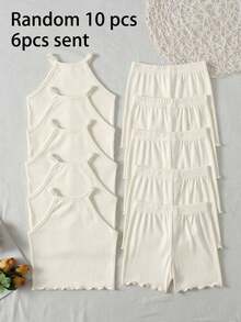 SHEIN 女童小女孩 6件/套四季款細肩帶背心上衣與短褲內衣套裝，純色多色羅紋針織基礎層組合，3套裝，白色 - 白色 - 查看 7