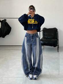SHEIN PETITE 女款口袋條紋喇叭寬腿寬鬆牛仔褲，適合嬌小女性 - 藍色 - 查看 9