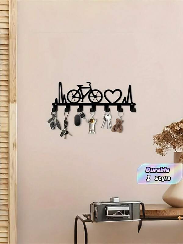 1 Set 7 Hook Metal Wall Hooks Rack Sturdy Rustproof Bicycle Heartbeat Love Theme Key Coat Hanger Organizer Space Saving Decorative Entryway Hallway Bedroom Living Room Home Storage Gift