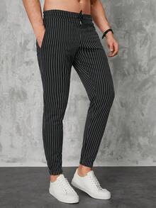 SHEIN Cottnline Men Striped Print Drawstring Waist Trousers - Black - View 3