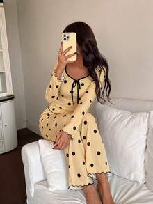 Napfluff 女款波點印花長袖長褲休閒睡衣套裝 - 黃色 - 查看 4