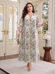 Al Najma Plus Size Women's Arabian Dress Loose Fit 3/4 Sleeve With Chiffon Patchwork Cuff, Suitable For Summer Daily Wear - Yellow - View 8