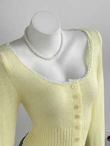 Elamini Pale Yellow Sweet Lace Mohair Lightweight Cardigan Brunch Date Autumn Cottagecore Romantic - Yellow - View 6