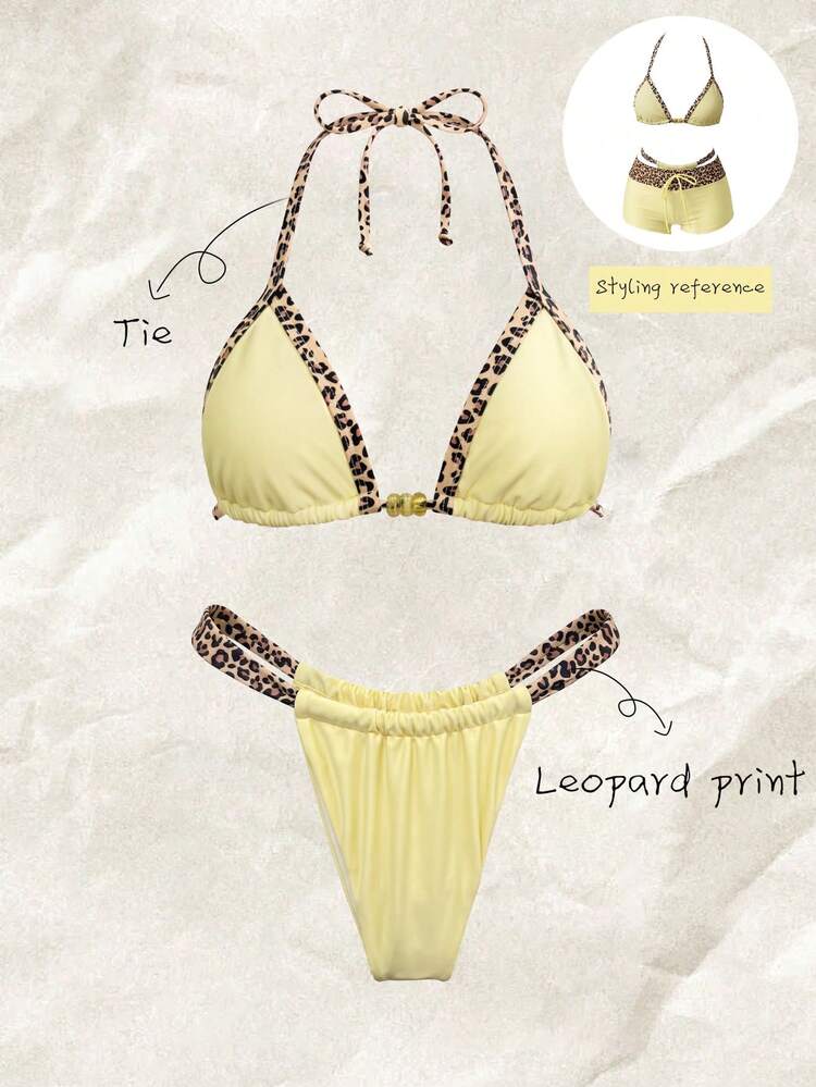 Elavelle Conjunto de bikini halter con estampado aleatorio para mujer, primavera/verano - Multicolor - Añade 4