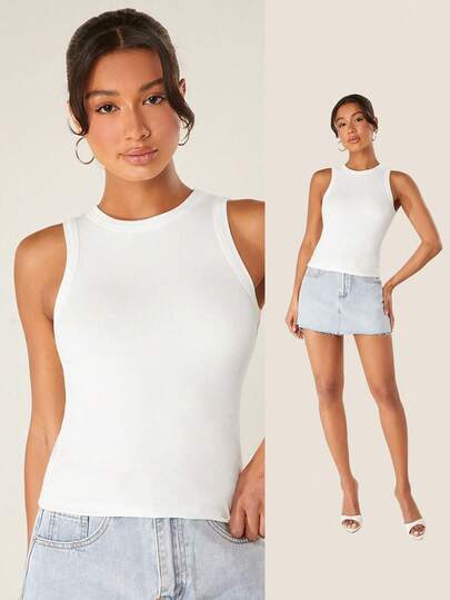 SHEIN BASICS Solid Slim Tank Top Tops For Women White Tops House Home Loungewear Summer Casual House Home Loungewear
