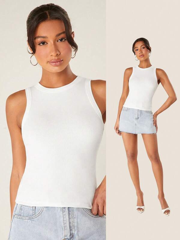 SHEIN BASICS قمصان تانك توب ضيقة بلون موحد للنساء، قمصان بيضاء