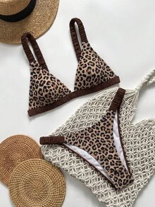 SHEIN Swim 女款夏季度假熱帶性感沙灘棕藍條紋印花兩件式比基尼套裝綁帶泳衣 - 彩色 - 查看 4