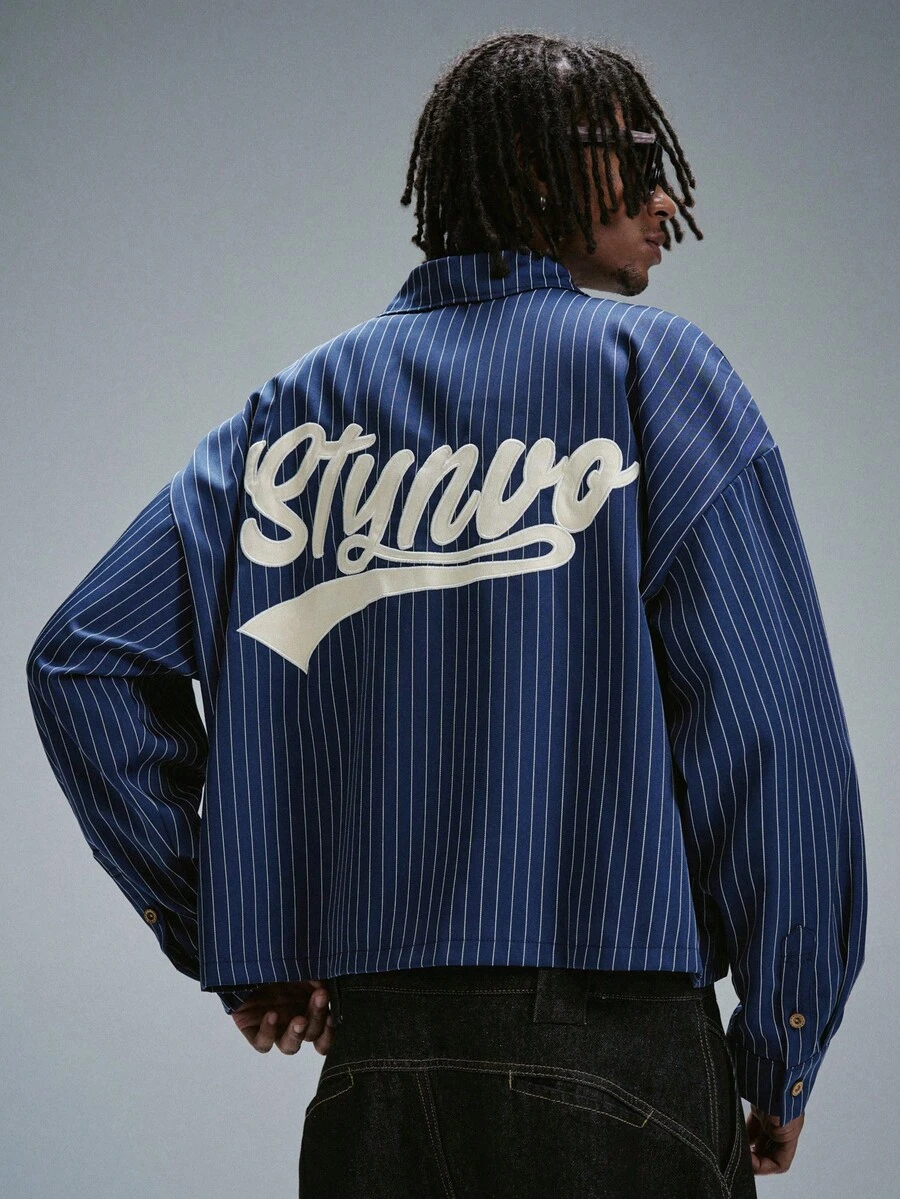 STYNVO 男士字母條紋落肩長袖休閒襯衫 - 藍色 - 查看 1