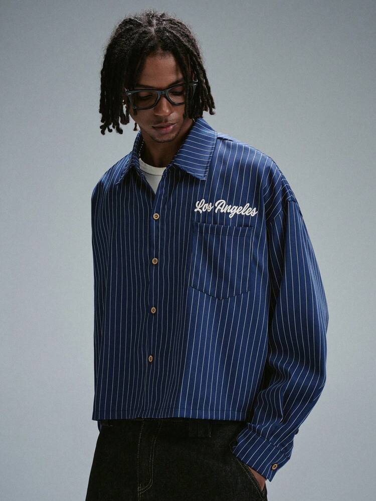 STYNVO Men's Letter Stripe Drop Shoulder Long Sleeve Casual Shirt - Blue - View 2