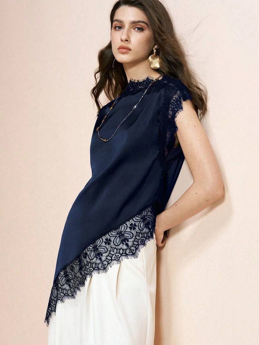 SHEIN Uhlyne Arave 女款藍色緞面布料優雅純色蕾絲拼接不對稱下擺襯衫,優雅約會穿搭,夏季女裝上衣 - 藍色 - 查看 1