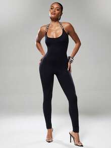 Denimoi Beaded Bodycon Jumpsuit Sexy Jumpsuits GNO Clubwear Concert Outfits Going Out Halter Jumpsuit - Black - View 3