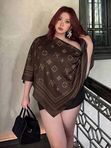Vibekara 女款大尺碼 2026 夏季休閒優雅印花不對稱領長袖不對稱下擺襯衫，不對稱肩開衩袖寬鬆時尚上衣，復古日落度假印花蝙蝠袖上衣，新品上市，適合日常通勤、大學、外出、度假、辦公室、約會 - 彩色 - 查看 1